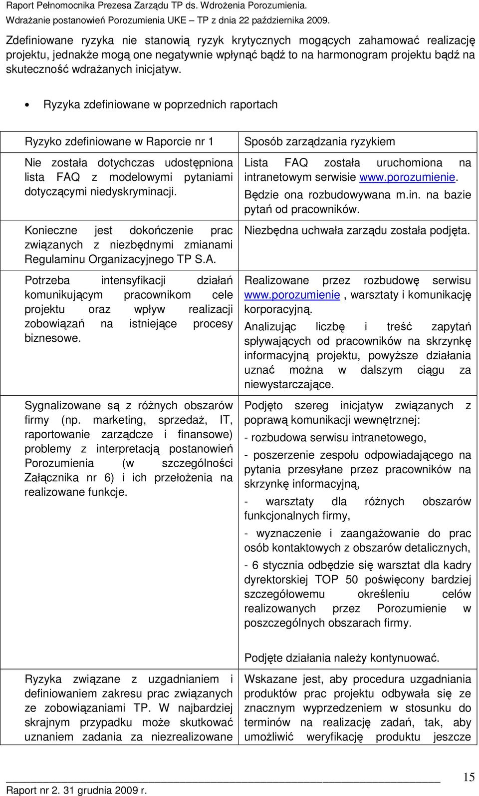 Knieczne jest dkńczenie prac związanych z niezbędnymi zmianami Regulaminu Organizacyjneg TP S.A.