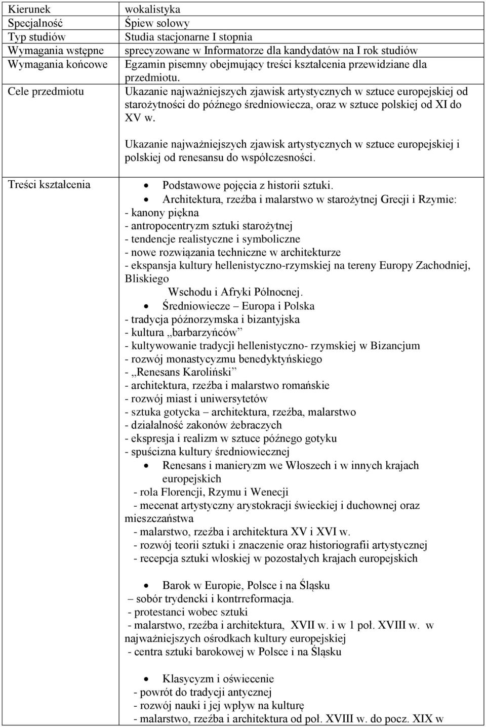 Ukazanie najważniejszych zjawisk artystycznych w sztuce europejskiej od starożytności do późnego średniowiecza, oraz w sztuce polskiej od XI do XV w.