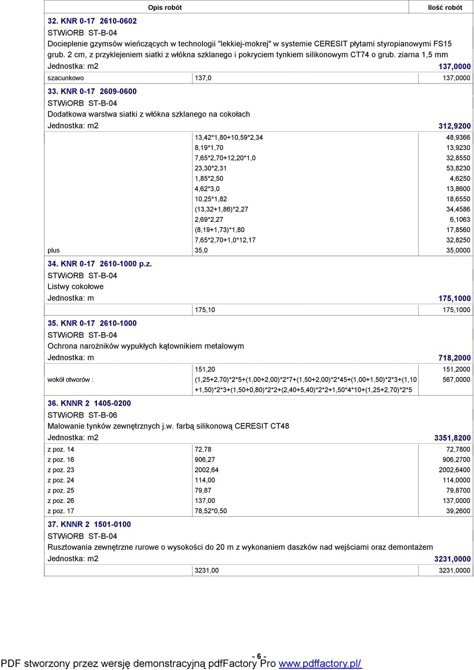 KNR 0-17 2609-0600 Dodatkowa warstwa siatki z włókna szklanego na cokołach Jednostka: m2 312,9200 13,42*1,80+10,59*2,34 48,9366 8,19*1,70 13,9230 7,65*2,70+12,20*1,0 32,8550 23,30*2,31 53,8230