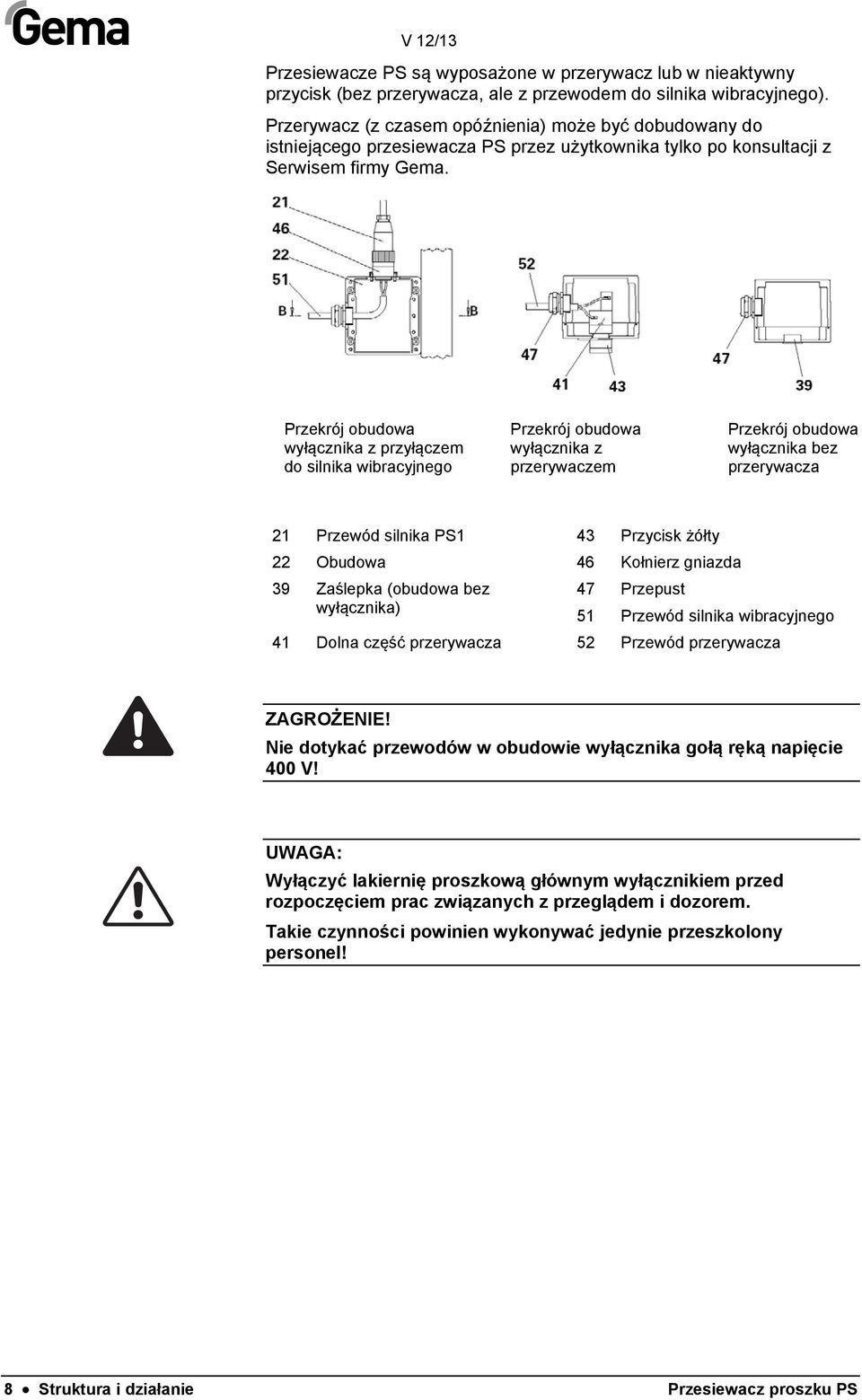 Przekrój obudowa wyłącznika z przyłączem do silnika wibracyjnego Przekrój obudowa wyłącznika z przerywaczem Przekrój obudowa wyłącznika bez przerywacza 21 Przewód silnika PS1 43 Przycisk żółty 22