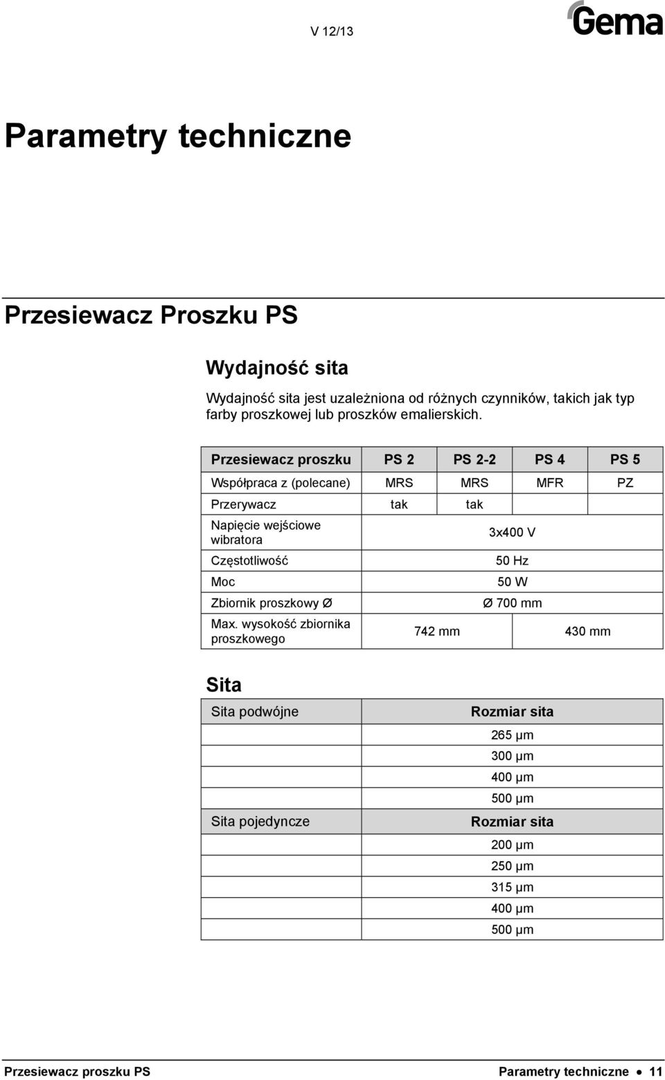Przesiewacz proszku PS 2 PS 2-2 PS 4 PS 5 Współpraca z (polecane) MRS MRS MFR PZ Przerywacz tak tak Napięcie wejściowe wibratora Częstotliwość Moc