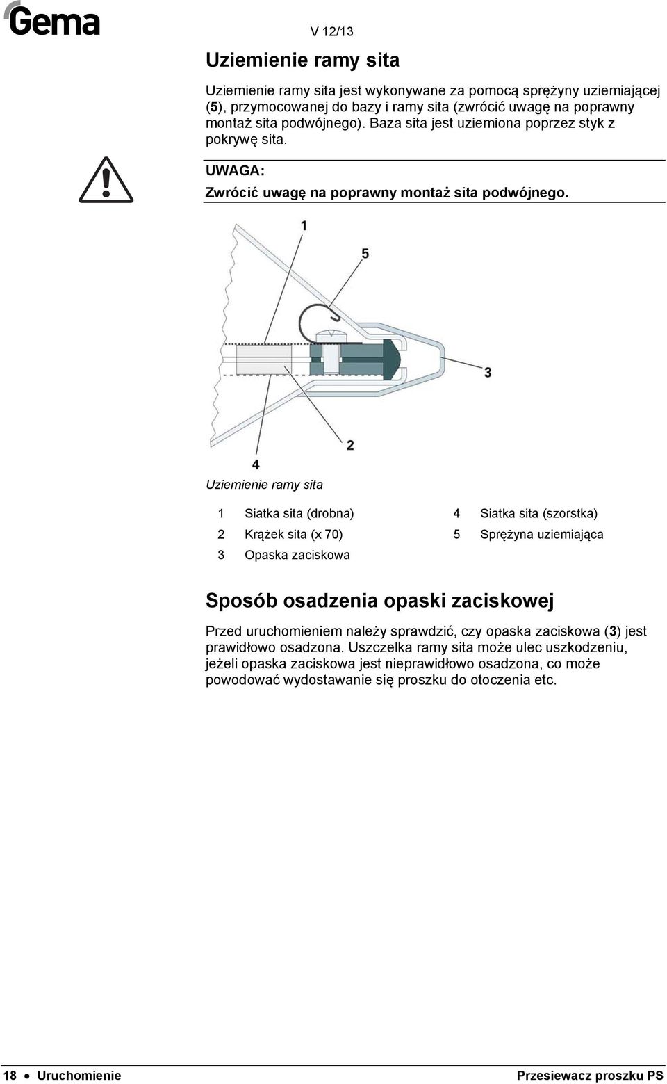 Uziemienie ramy sita 1 Siatka sita (drobna) 4 Siatka sita (szorstka) 2 Krążek sita (x 70) 5 Sprężyna uziemiająca 3 Opaska zaciskowa Sposób osadzenia opaski zaciskowej Przed