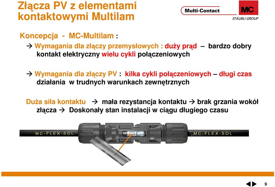 złączy PV : kilka cykli połączeniowych długi czas działania w trudnych warunkach zewnętrznych Duża