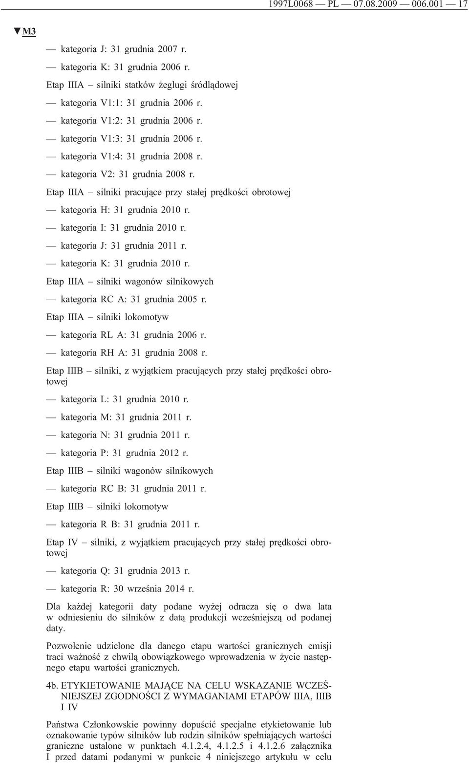 Etap IIIA silniki pracujące przy stałej prędkości obrotowej kategoria H: 31 grudnia 2010 r. kategoria I: 31 grudnia 2010 r. kategoria J: 31 grudnia 2011 r. kategoria K: 31 grudnia 2010 r.