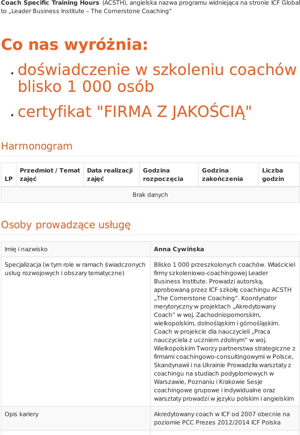 usługę Imię i nazwisko Specjalizacja (w tym role w ramach świadczonych usług rozwojowych i obszary tematyczne) Opis kariery Anna Cywińska Blisko 1 000 przeszkolonych coachów.