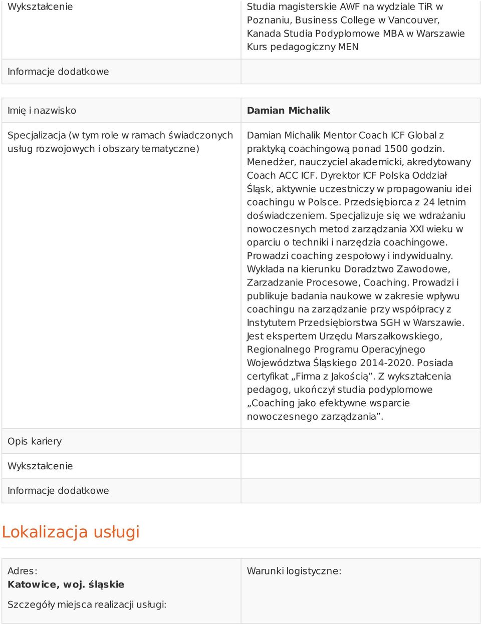 Menedżer, nauczyciel akademicki, akredytowany Coach ACC ICF. Dyrektor ICF Polska Oddział Śląsk, aktywnie uczestniczy w propagowaniu idei coachingu w Polsce. Przedsiębiorca z 24 letnim doświadczeniem.