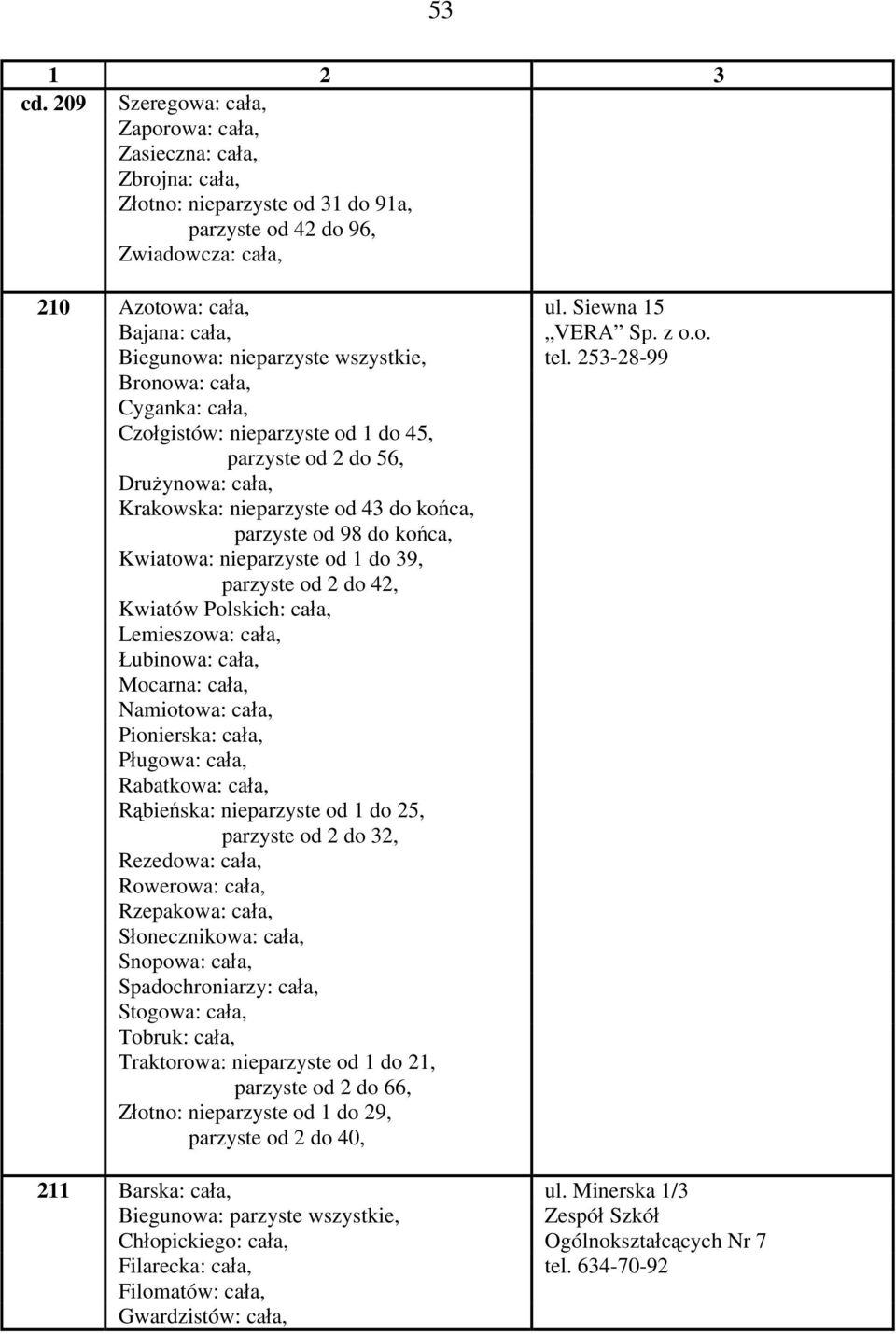 253-28-99 Bronowa: cała, Cyganka: cała, Czołgistów: nieparzyste od 1 do 45, parzyste od 2 do 56, Drużynowa: cała, Krakowska: nieparzyste od 43 do końca, parzyste od 98 do końca, Kwiatowa: nieparzyste