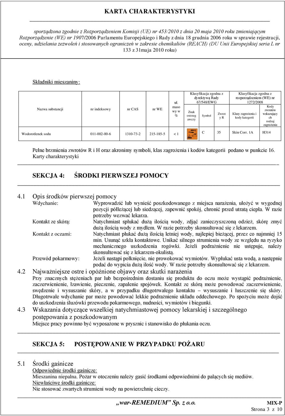 wskazujący ch rodzaj zagrożenia Wodorotlenek sodu 011-002-00-6 1310-73-2 215-185-5 < 1 C 35 Skin Corr.