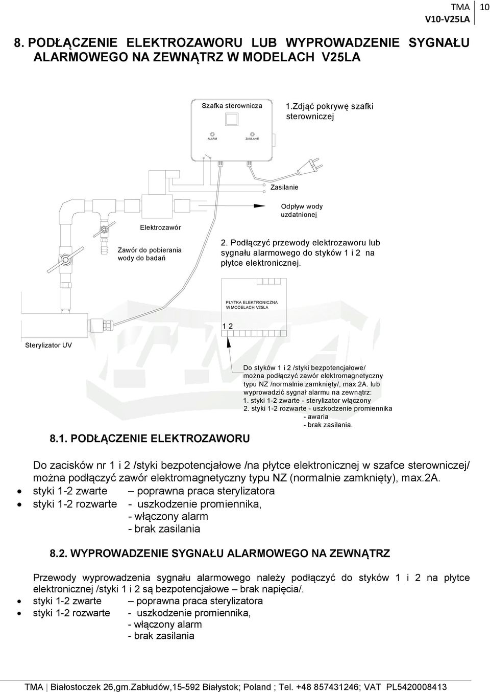 Podłączyć przewody elektrozaworu lub sygnału alarmowego do styków 1 