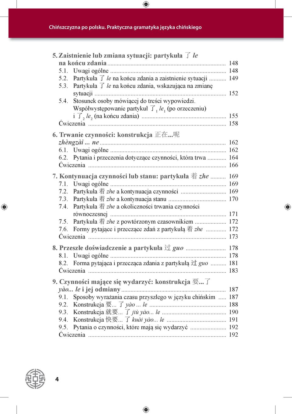 Współwystępowanie partykuł 了 le (po orzeczeniu) 1 1 i 了 le (na końcu zdania)... 155 2 2 Ćwiczenia... 158 6. Trwanie czynności: konstrukcja 正 在... 呢 zhèngzài... ne... 162 6.1. Uwagi ogólne... 162 6.2. Pytania i przeczenia dotyczące czynności, która trwa.