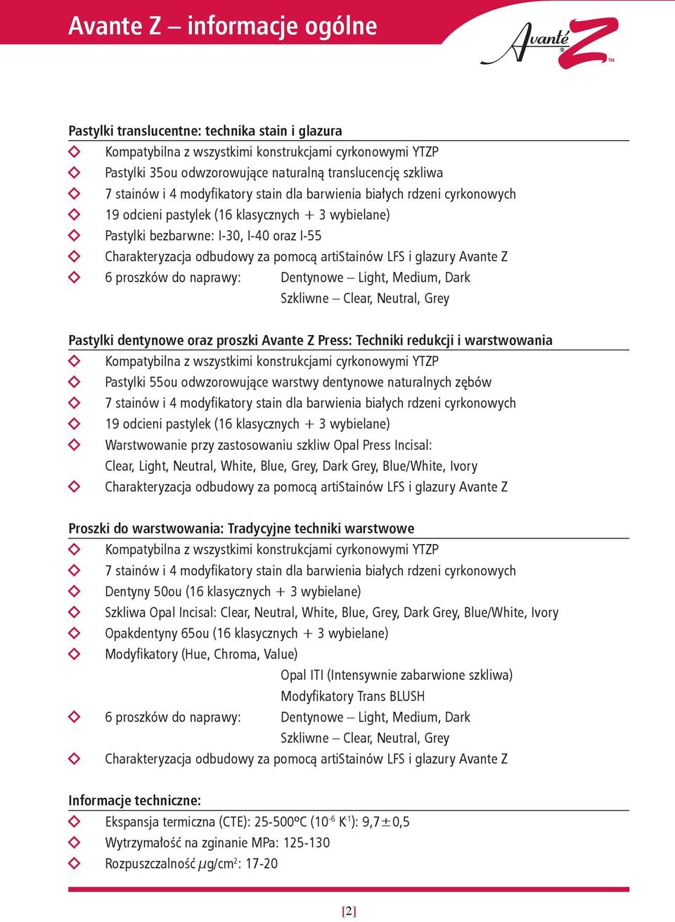 artistainów LFS i glazury Avante Z 6 proszków do naprawy: Dentynowe Light, Medium, Dark Szkliwne Clear, Neutral, Grey Pastylki dentynowe oraz proszki Avante Z Press: Techniki redukcji i warstwowania