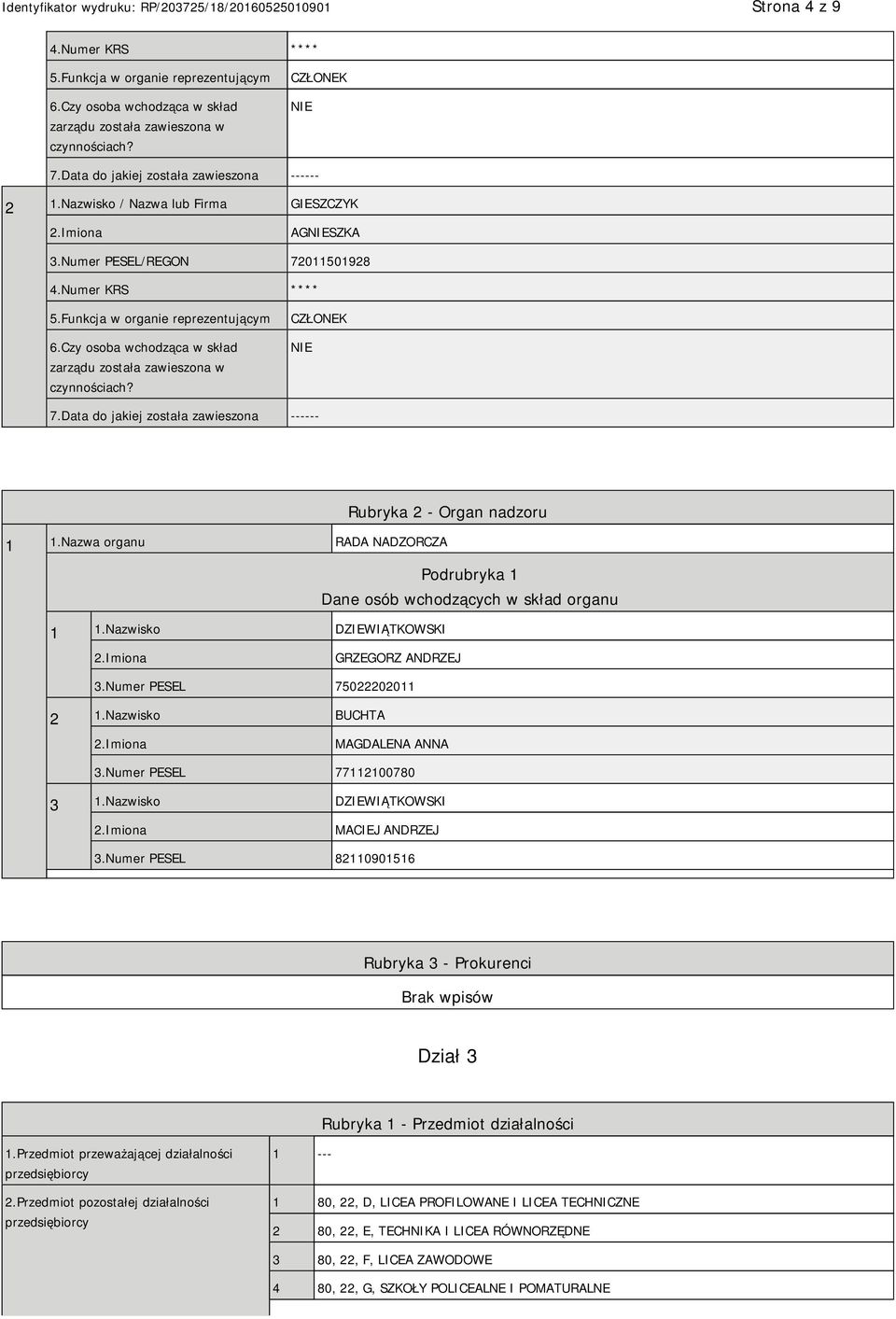 Czy osoba wchodząca w skład zarządu została zawieszona w czynnościach? CZŁONEK 7.Data do jakiej została zawieszona ------ Rubryka 2 - Organ nadzoru 1 1.