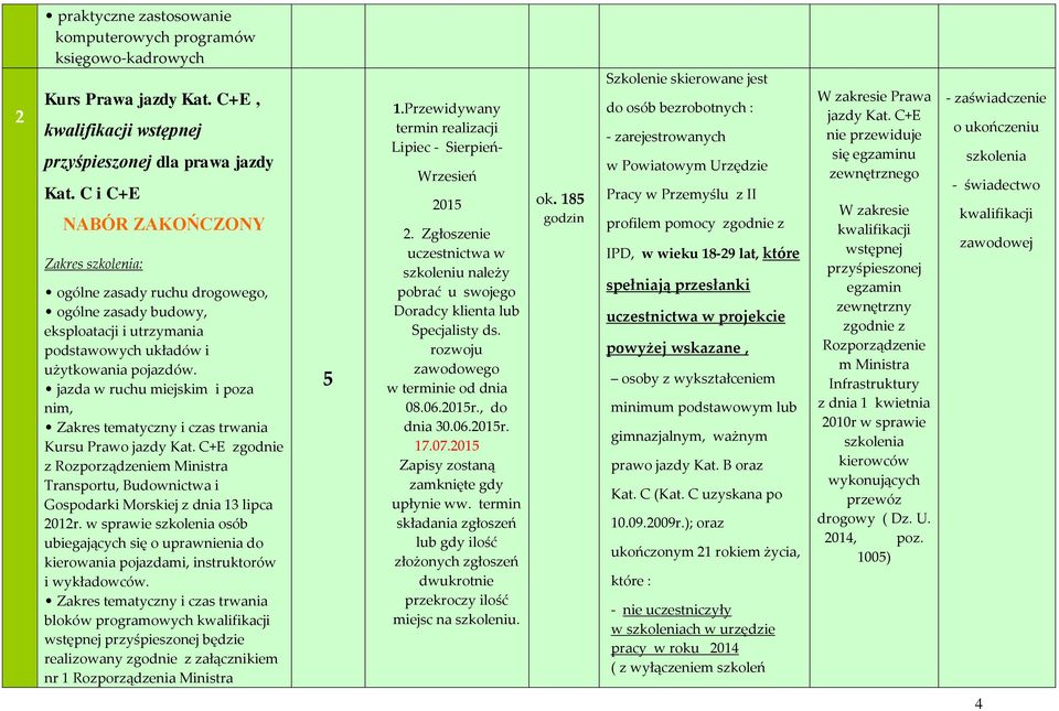 jazda w ruchu miejskim i poza nim, Zakres tematyczny i czas trwania Kursu Prawo jazdy Kat. C+E zgodnie z Rozporządzeniem Ministra Transportu, Budownictwa i Gospodarki Morskiej z dnia 13 lipca 2012r.