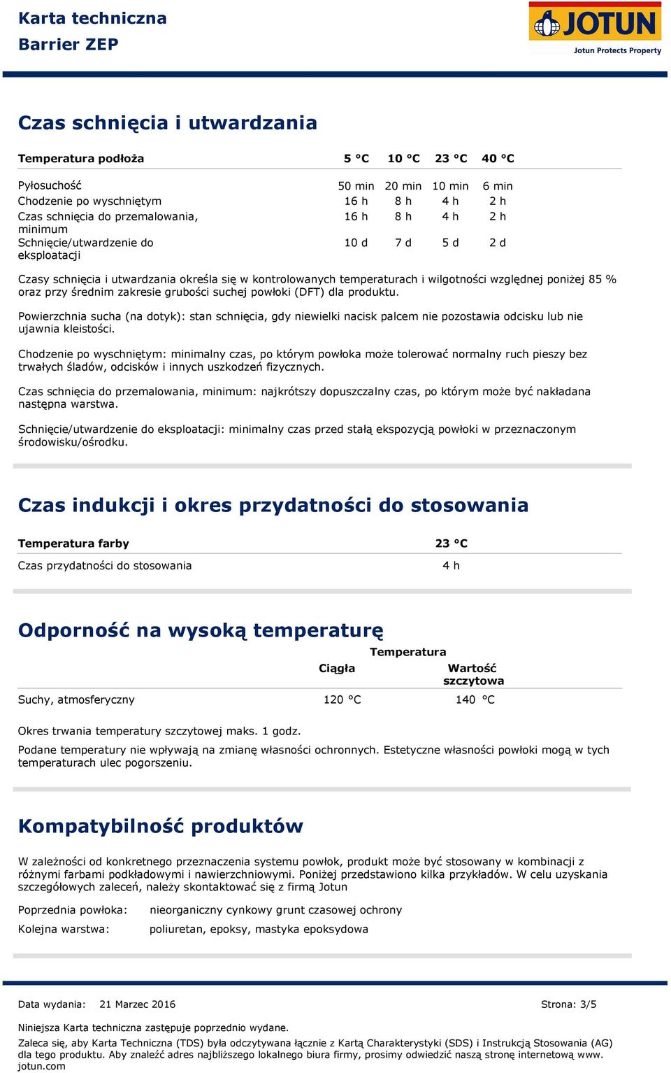 zakresie grubości suchej powłoki (DFT) dla produktu. Powierzchnia sucha (na dotyk): stan schnięcia, gdy niewielki nacisk palcem nie pozostawia odcisku lub nie ujawnia kleistości.