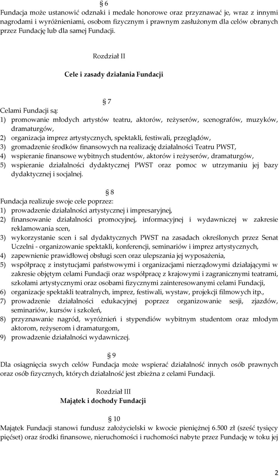 Rozdział II Cele i zasady działania Fundacji 7 Celami Fundacji są: 1) promowanie młodych artystów teatru, aktorów, reżyserów, scenografów, muzyków, dramaturgów, 2) organizacja imprez artystycznych,