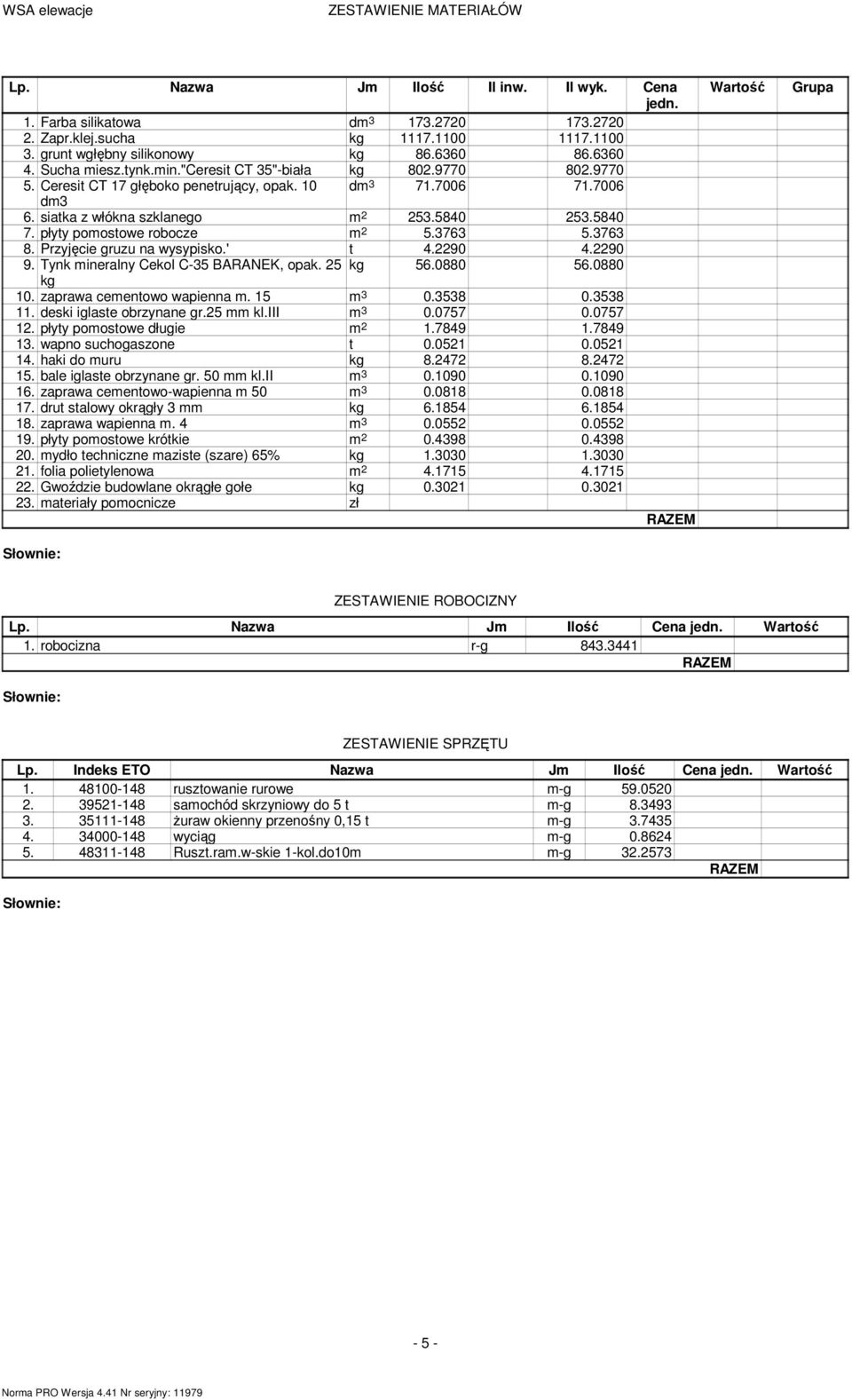 płyty pomostowe robocze 5.3763 5.3763 8. Przyjęcie gruzu na wysypisko.' t 4.2290 4.2290 9. Tynk mineralny Cekol C-35 BARANEK, opak. 25 kg 56.0880 56.0880 kg 10. zaprawa cementowo wapienna m. 15 m 3 0.