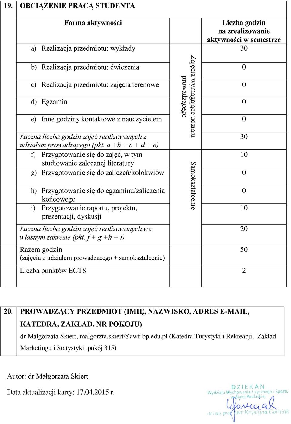 terenowe 0 d) Egzamin 0 e) Inne godziny kontaktowe z nauczycielem 0 Łączna liczba godzin zajęć realizowanych z 30 udziałem prowadzącego (pkt.