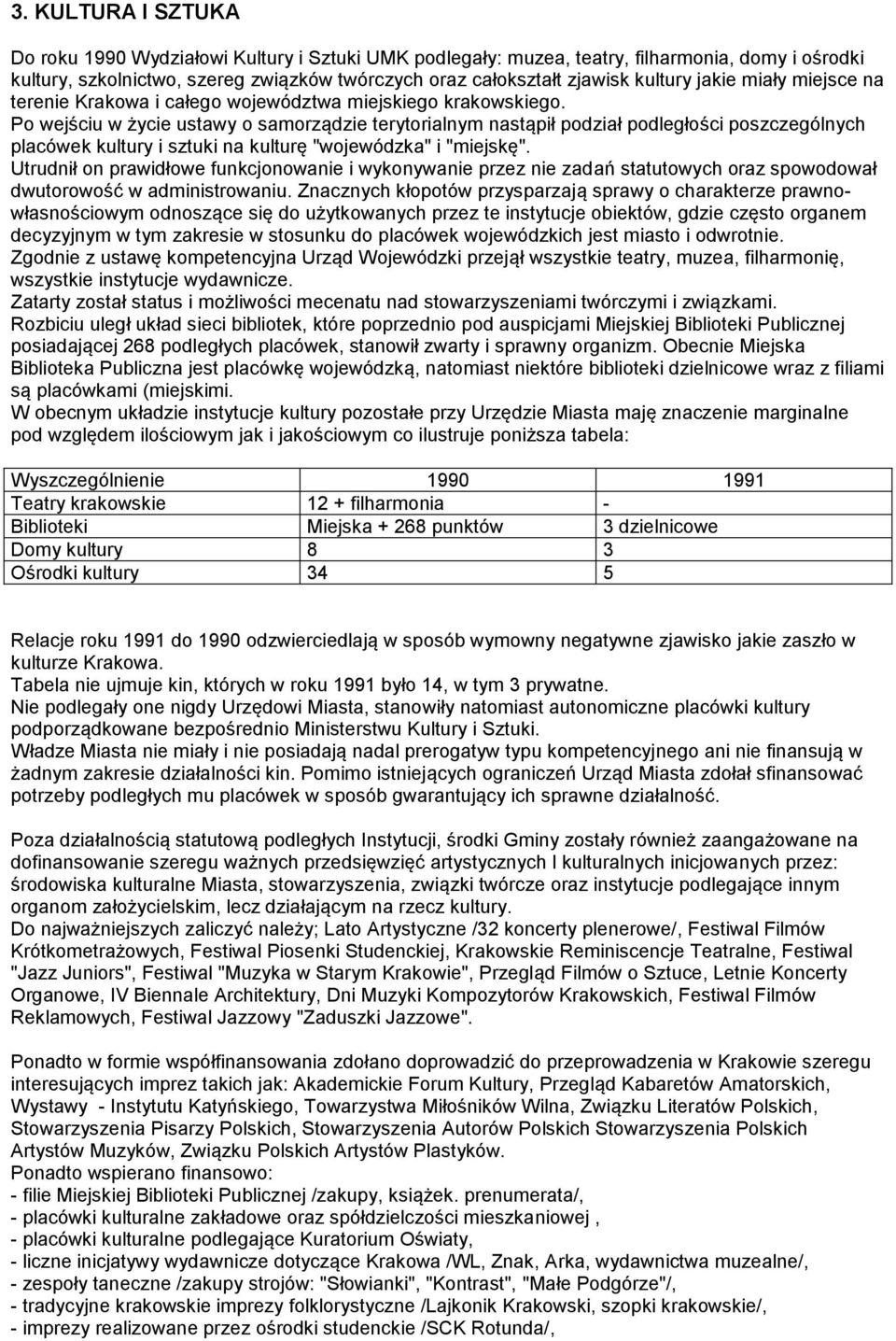 Po wejściu w życie ustawy o samorządzie terytorialnym nastąpił podział podległości poszczególnych placówek kultury i sztuki na kulturę "wojewódzka" i "miejskę".