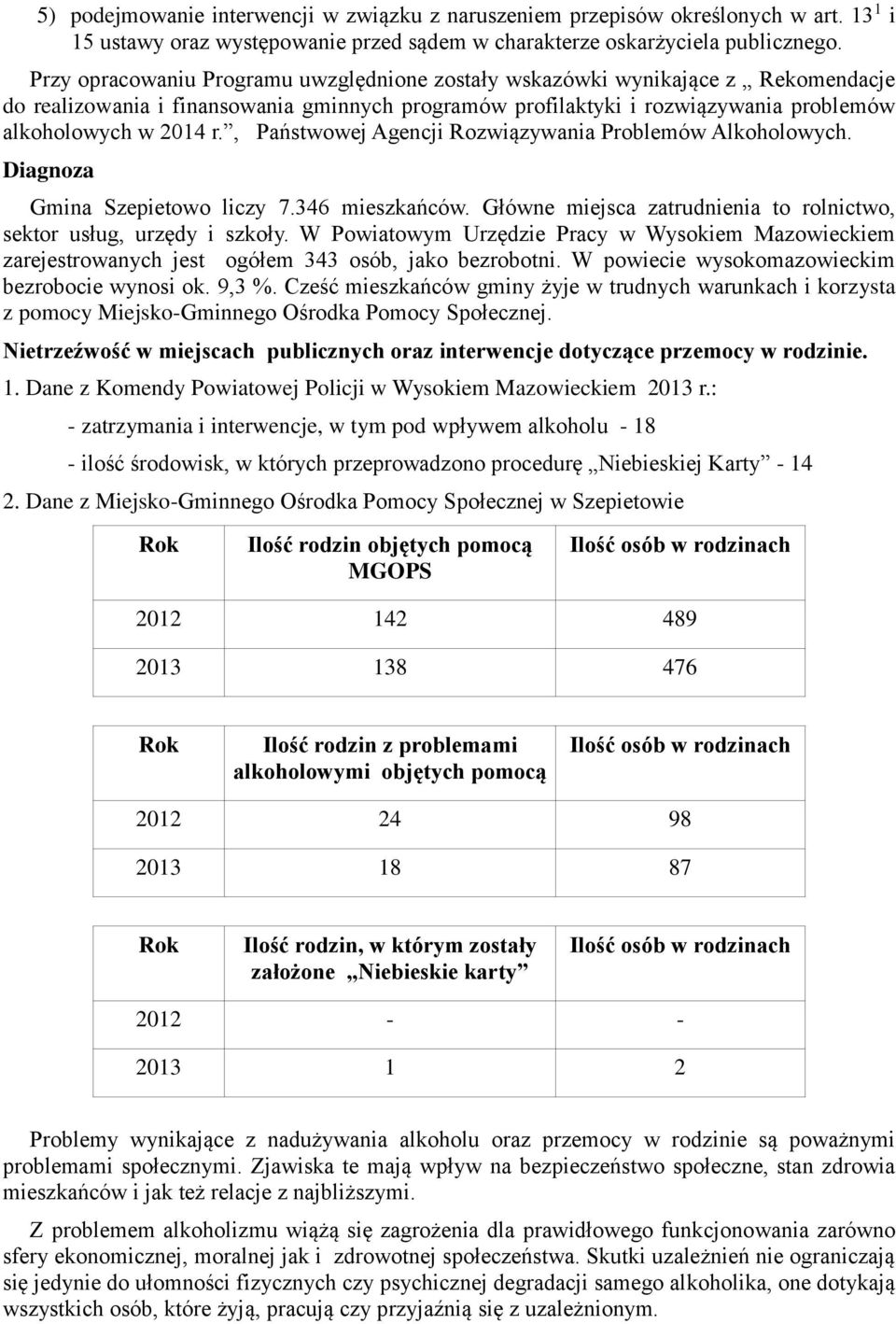 , Państwowej Agencji Rozwiązywania Problemów Alkoholowych. Diagnoza Gmina Szepietowo liczy 7.346 mieszkańców. Główne miejsca zatrudnienia to rolnictwo, sektor usług, urzędy i szkoły.