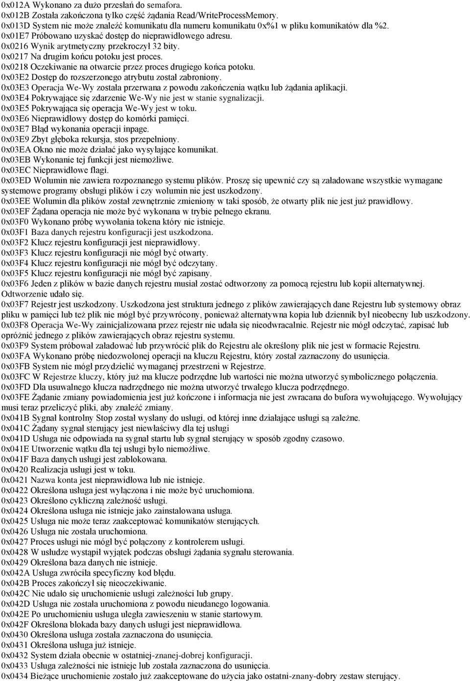 0x0216 Wynik arytmetyczny przekroczył 32 bity. 0x0217 Na drugim końcu potoku jest proces. 0x0218 Oczekiwanie na otwarcie przez proces drugiego końca potoku.