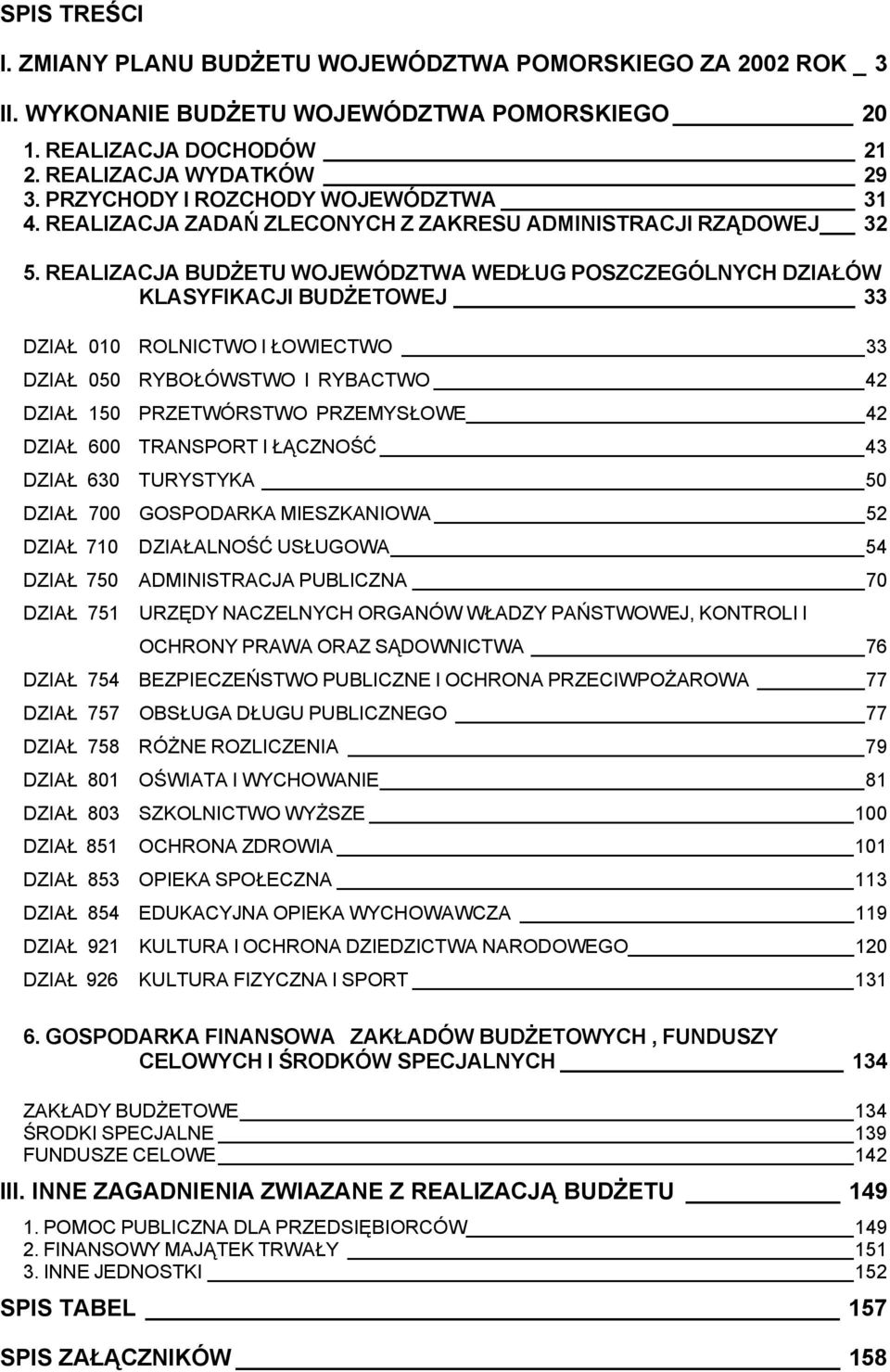 REALIZACJA BUDŻETU WOJEWÓDZTWA WEDŁUG POSZCZEGÓLNYCH DZIAŁÓW KLASYFIKACJI BUDŻETOWEJ 33 DZIAŁ 010 ROLNICTWO I ŁOWIECTWO 33 DZIAŁ 050 RYBOŁÓWSTWO I RYBACTWO 42 DZIAŁ 150 PRZETWÓRSTWO PRZEMYSŁOWE 42