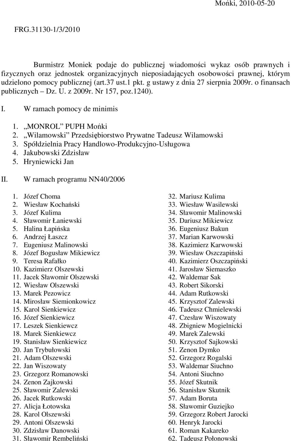 (art.37 ust.1 pkt. g ustawy z dnia 27 sierpnia 2009r. o finansach publicznych Dz. U. z 2009r. Nr 157, poz.1240). I. W ramach pomocy de minimis 1. MONROL PUPH Mońki 2.