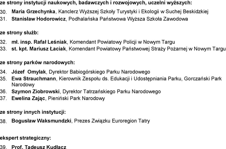 Mariusz Łaciak, Komendant Powiatowy Państwowej Straży Pożarnej w Nowym Targu ze strony parków narodowych: 34. Józef Omylak, Dyrektor Babiogórskiego Parku Narodowego 35.