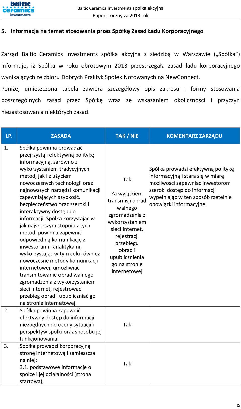 Poniżej umieszczona tabela zawiera szczegółowy opis zakresu i formy stosowania poszczególnych zasad przez Spółkę wraz ze wskazaniem okoliczności i przyczyn niezastosowania niektórych zasad. LP.