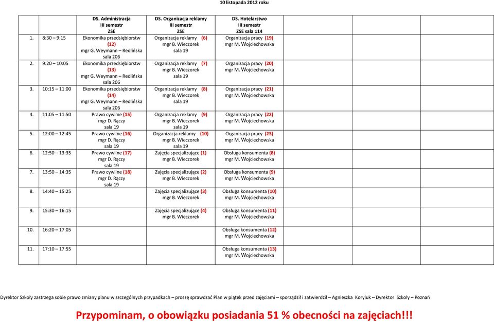 13:50 14:35 Prawo cywilne (18) Organizacja reklamy (6) Organizacja reklamy (7) Organizacja reklamy (8) Organizacja reklamy (9) Organizacja reklamy (10) Zajęcia specjalizujące (1) Zajęcia