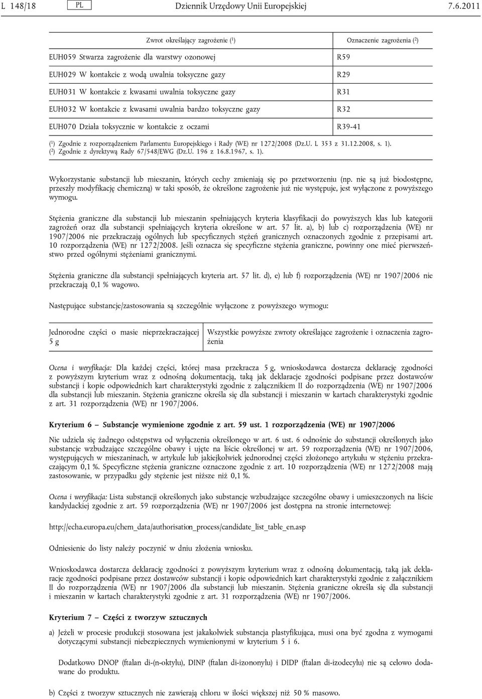 uwalnia toksyczne gazy EUH032 W kontakcie z kwasami uwalnia bardzo toksyczne gazy R59 R29 R31 R32 EUH070 Działa toksycznie w kontakcie z oczami R39-41 ( 1 ) Zgodnie z rozporządzeniem Parlamentu