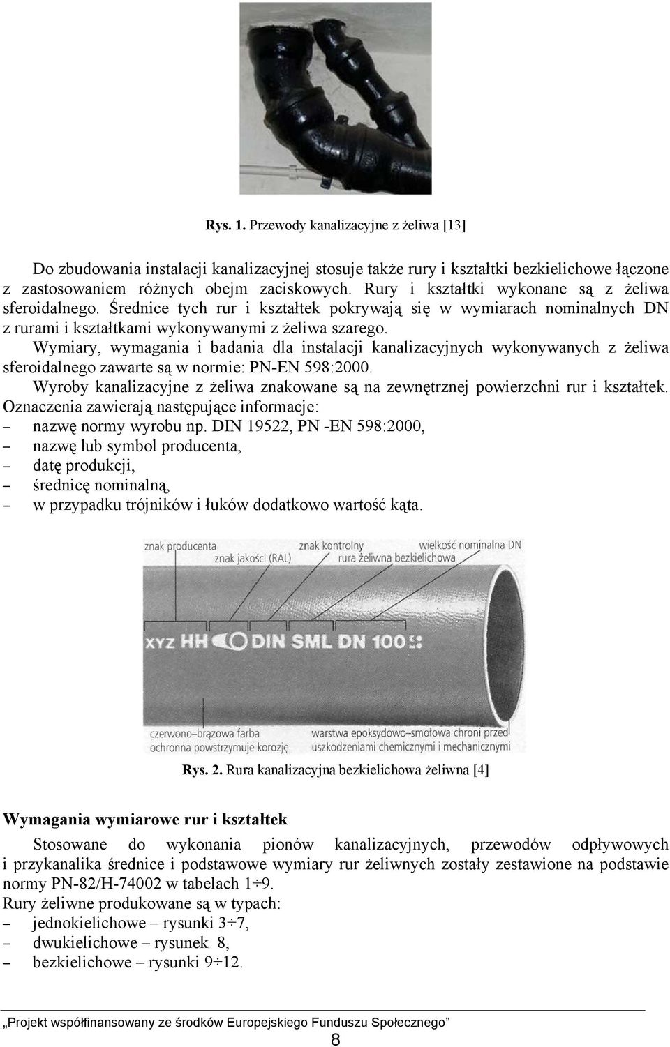 Wymiary, wymagania i badania dla instalacji kanalizacyjnych wykonywanych z żeliwa sferoidalnego zawarte są w normie: PN-EN 598:2000.