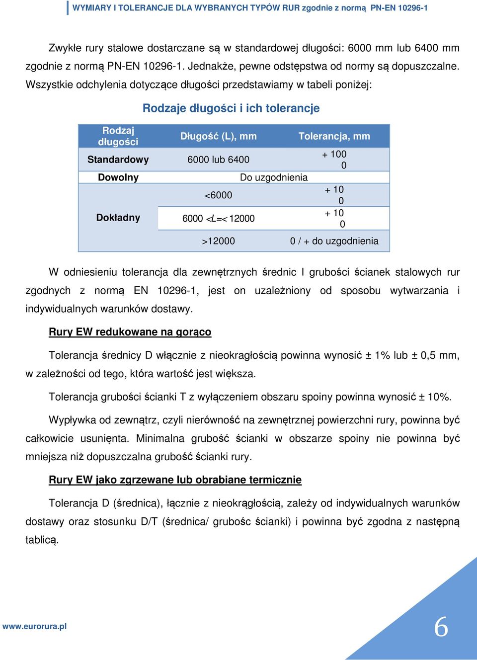 12000 Do uzgodnienia Tolerancja, mm + 100 0 + 10 0 + 10 0 >12000 0 / + do uzgodnienia W odniesieniu tolerancja dla zewnętrznych średnic I grubości ścianek stalowych rur zgodnych z normą EN 10296-1,