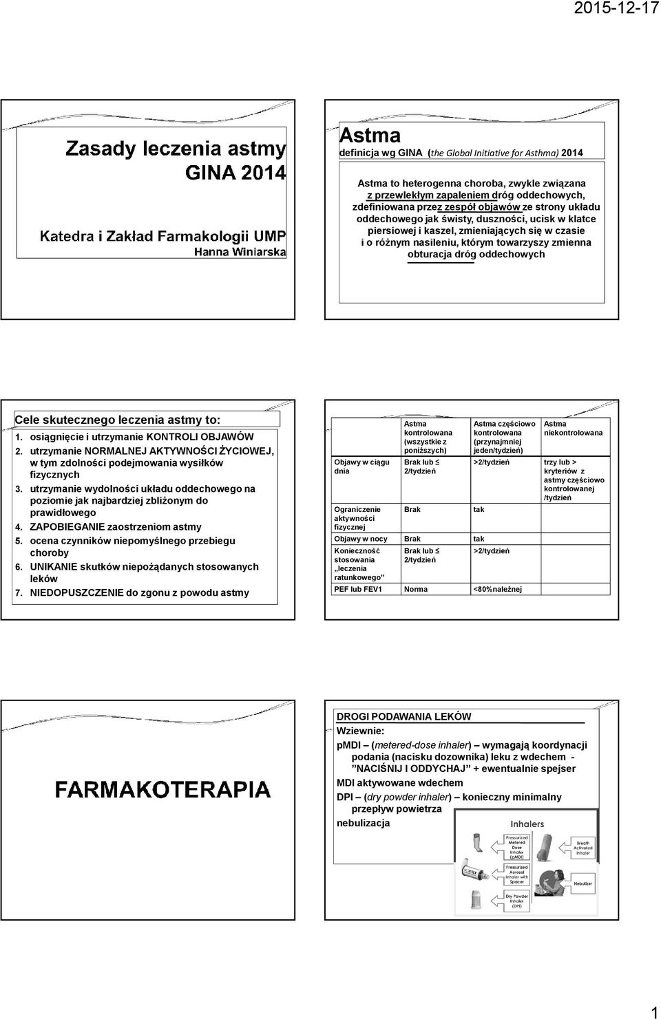 leczenia astmy to: 1. osiągnięcie i utrzymanie KONTROLI OBJAWÓW 2. utrzymanie NORMALNEJ AKTYWNOŚCI ŻYCIOWEJ, w tym zdolności podejmowania wysiłków fizycznych 3.