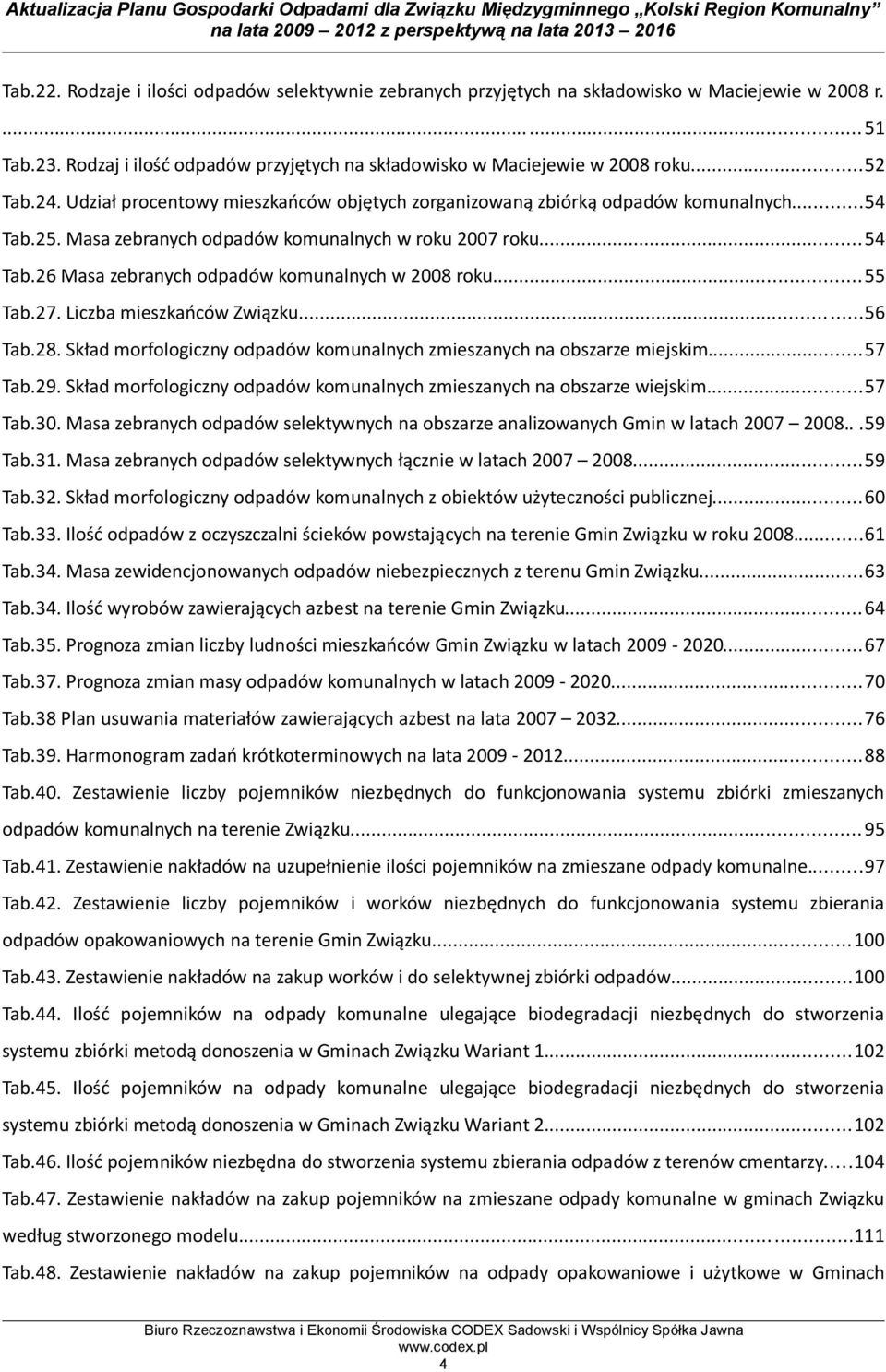 ..55 Tab.27. Liczba mieszkańców Związku......56 Tab.28. Skład morfologiczny odpadów komunalnych zmieszanych na obszarze miejskim...57 Tab.29.