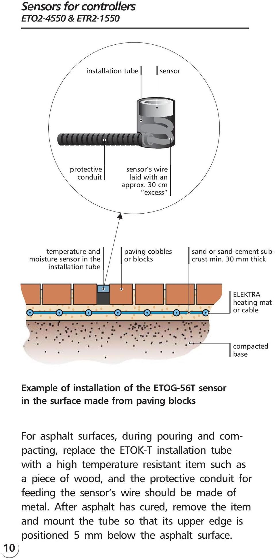 30 mm thick EEKTRA heating mat or cable compacted base Example of installation of the ETOG-56T sensor in the surface made from paving blocks 10 For asphalt surfaces, during pouring and