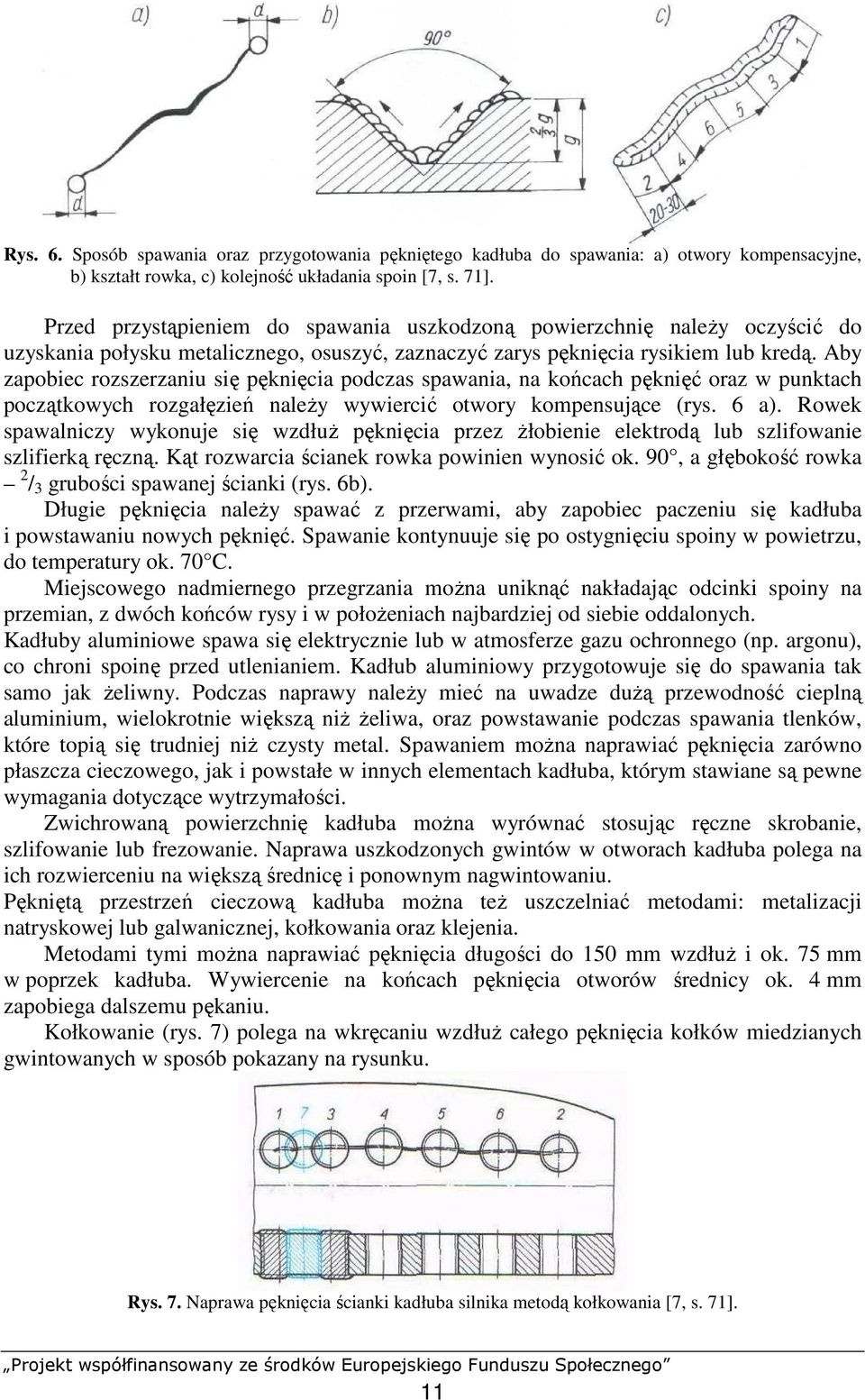 Aby zapobiec rozszerzaniu się pęknięcia podczas spawania, na końcach pęknięć oraz w punktach początkowych rozgałęzień naleŝy wywiercić otwory kompensujące (rys. 6 a).