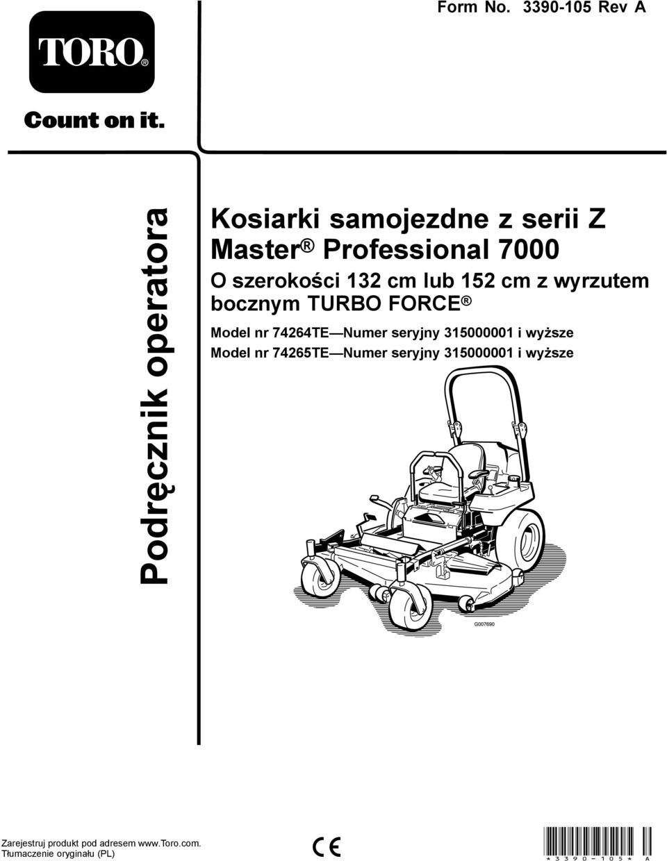 szerokości 132 cm lub 152 cm z wyrzutem bocznym TURBO FORCE Model nr 74264TE