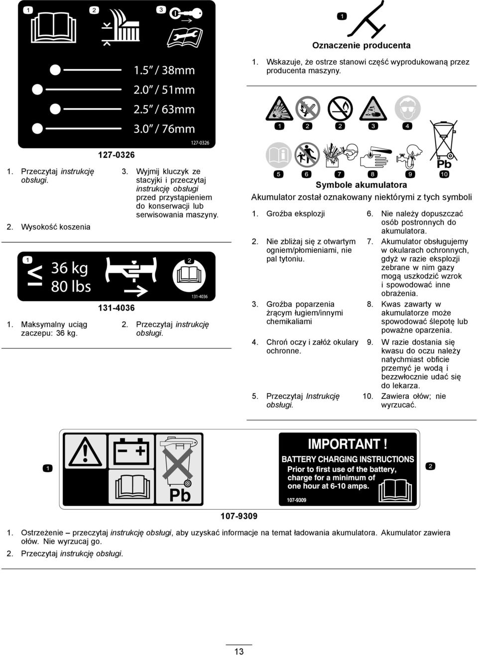 Symbole akumulatora Akumulator został oznakowany niektórymi z tych symboli 1. Groźba eksplozji 6. Nie należy dopuszczać osób postronnych do akumulatora. 2.