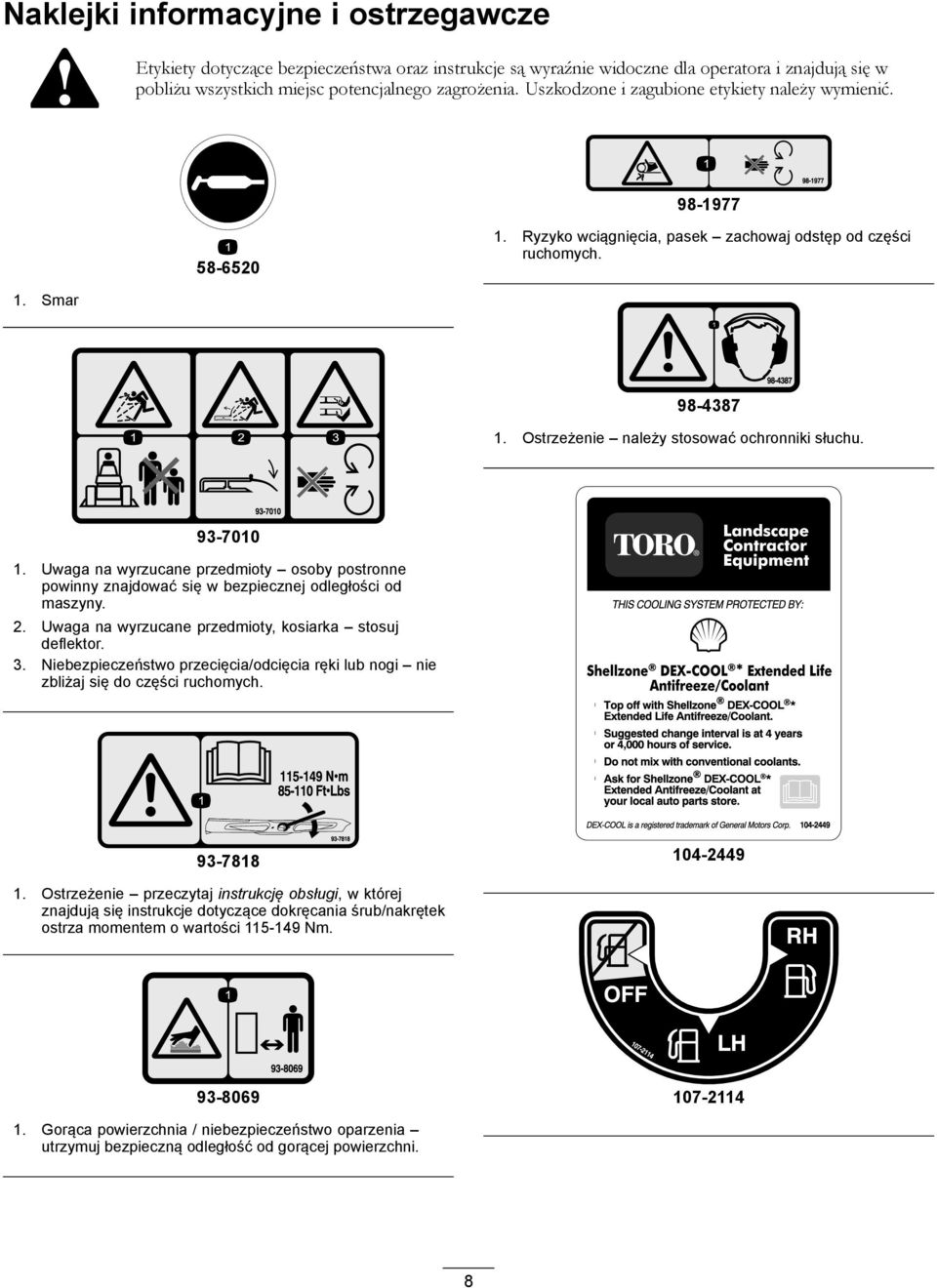 93-7010 1. Uwaga na wyrzucane przedmioty osoby postronne powinny znajdować się w bezpiecznej odległości od maszyny. 2. Uwaga na wyrzucane przedmioty, kosiarka stosuj deflektor. 3.
