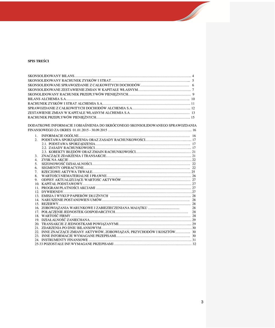 A. 13 RACHUNEK PRZEPŁYWÓW PIENIĘŻNYCH 15 DODATKOWE INFORMACJE I OBJAŚNIENIA DO SKRÓCONEGO SKONSOLIDOWANEGO SPRAWOZDANIA FINANSOWEGO ZA OKRES 01.01.2015-30.09.2015.... 16 1. INFORMACJE OGÓLNE 16 2.