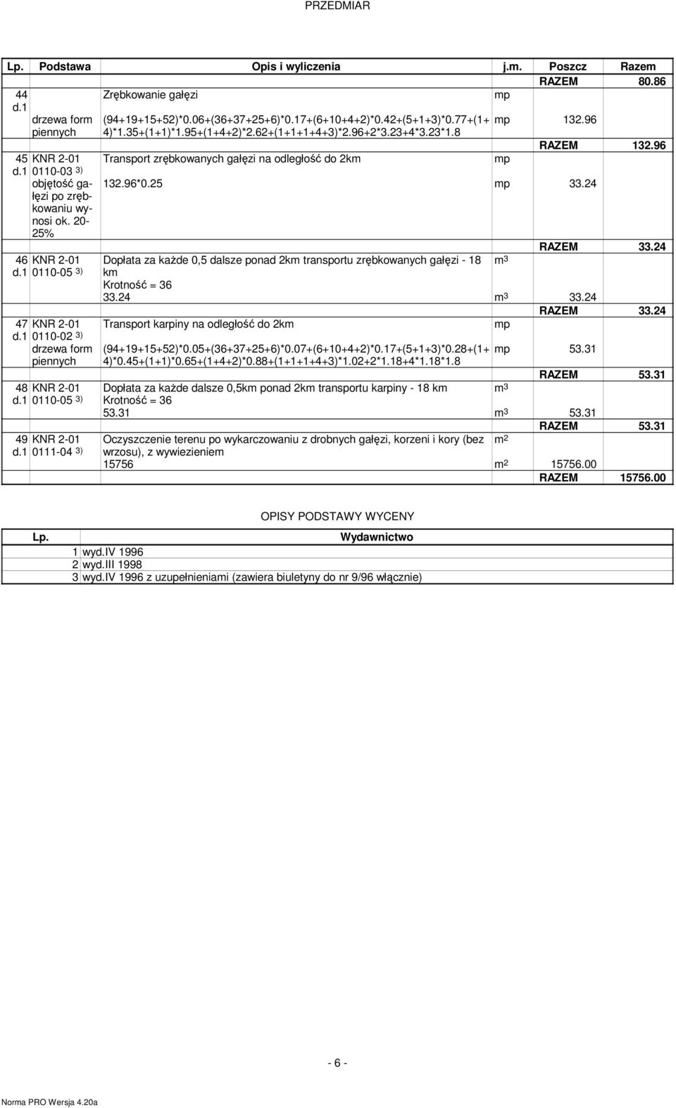 24 46 KNR 2-01 Dopłata za kaŝde 0,5 dalsze ponad 2km transportu zrębkowanych gałęzi - 18 0110-05 3) km m 3 RAZEM 132.96 RAZEM 33.24 0110-02 3) Krotność = 36 33.24 m 3 33.24 RAZEM 33.