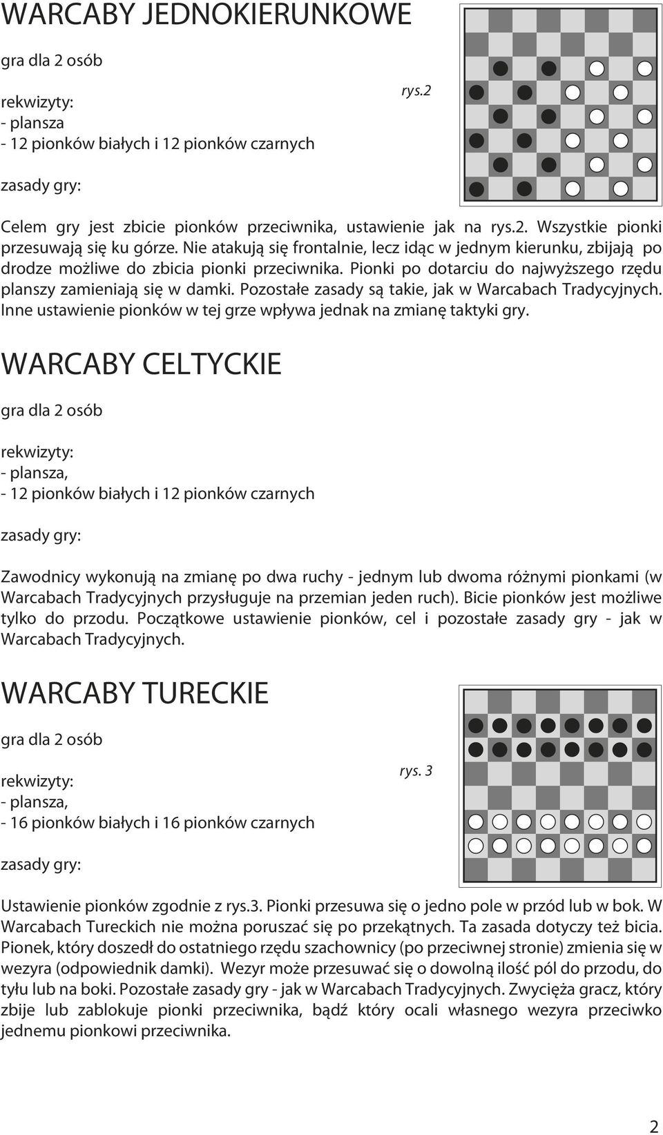 Pozostałe zasady są takie, jak w Warcabach Tradycyjnych. Inne ustawienie pionków w tej grze wpływa jednak na zmianę taktyki gry.