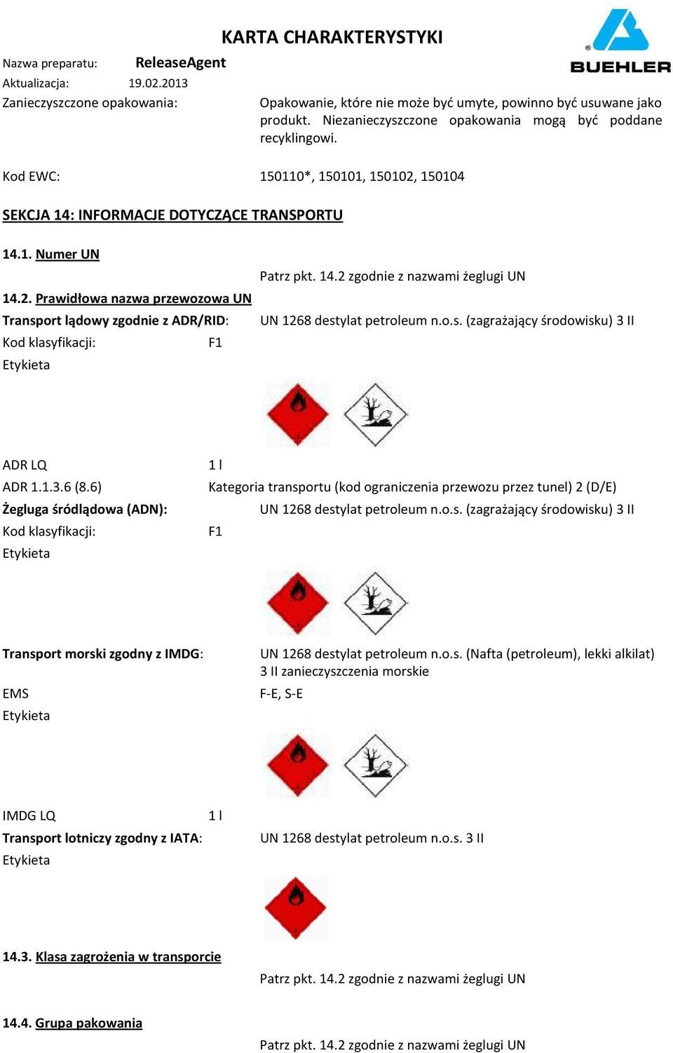 14.2 zgodnie z nazwami żeglugi UN UN 1268 destylat petroleum n.o.s. (zagrażający środowisku) 3 II ADR LQ ADR 1.1.3.6 (8.