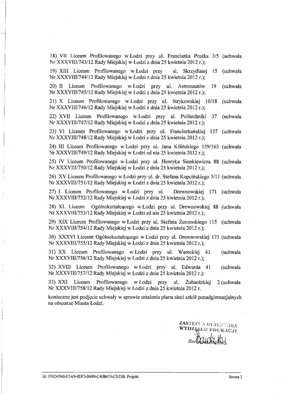 Astronautów 19 (uchwała Nr XXXVIIII745/12 Rady Miejskiej w Łodzi z dnia 25 kwietnia 2012 r.); 21) X Liceum Profilowanego w Łodzi przy ul.