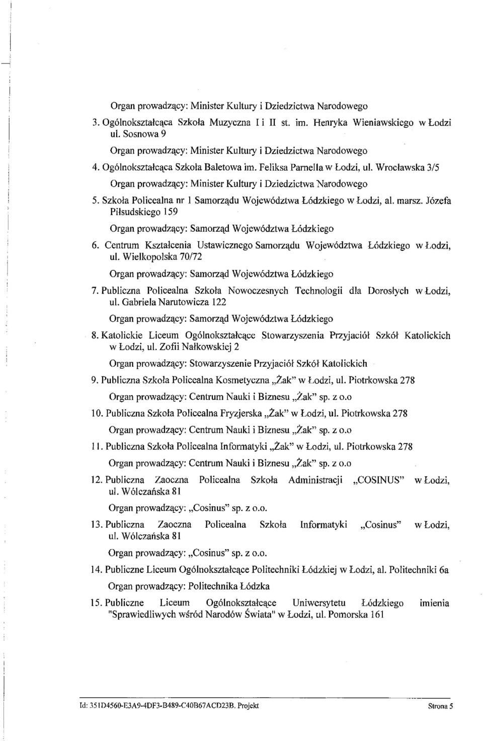 Wrocławska 3/5 Organ prowadzący: Minister Kultury i Dziedzictwa Narodowego 5. Szkoła Policealna nr l Samorządu Województwa Łódzkiego w Łodzi, al. marsz.