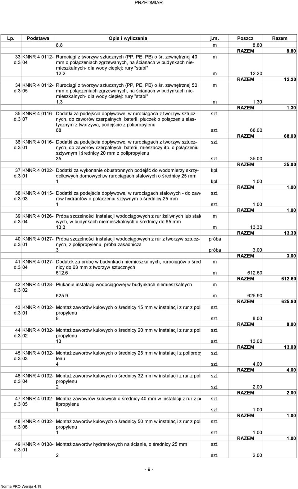 20 34 KNNR 4 0112- Rurociągi z tworzyw sztucznych (PP, PE, PB) o śr. zewnętrznej 50 d.3 05 o połączeniach zgrzewanych, na ścianach w budynkach nieieszkalnych- dla wody ciepłej: rury "stabi" 1.3 1.