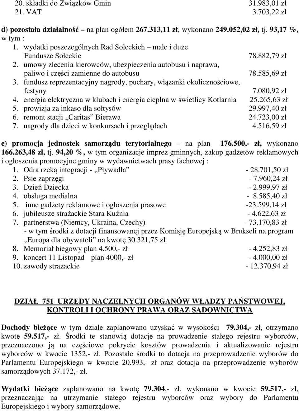 fundusz reprezentacyjny nagrody, puchary, wiązanki okolicznościowe, festyny 7.080,92 zł 4. energia elektryczna w klubach i energia cieplna w świetlicy Kotlarnia 25.265,63 zł 5.