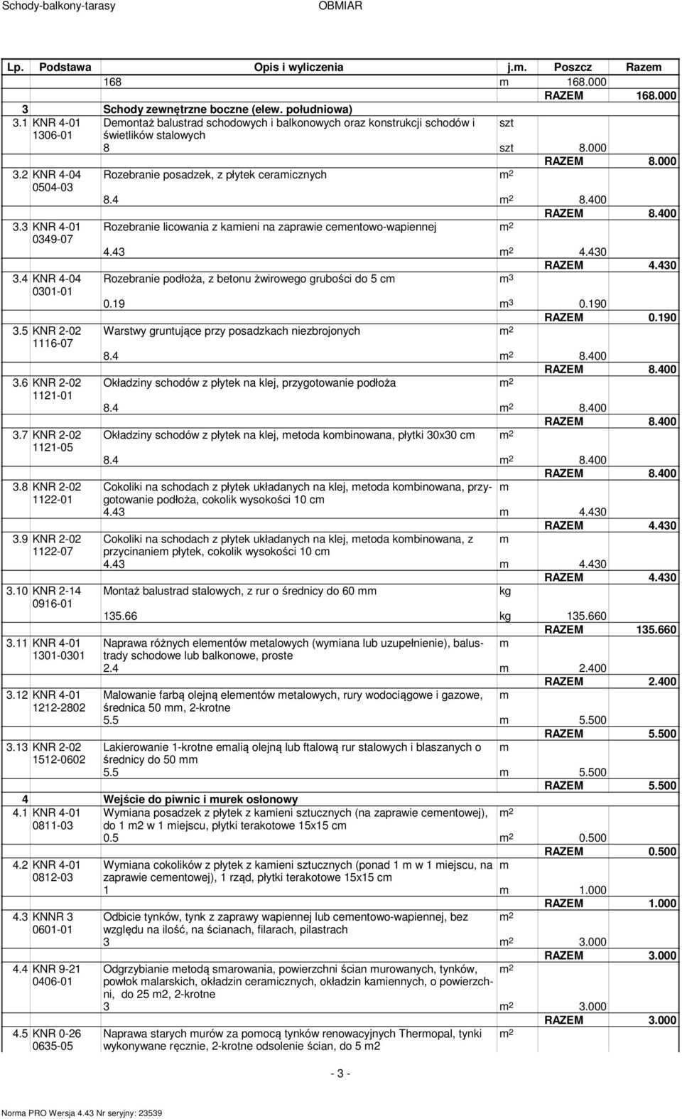 10 KNR 2-14 0916-01 Rozebranie posadzek, z płytek ceraicznych RAZEM 8.000 8.4 8.400 RAZEM 8.400 Rozebranie licowania z kaieni na zaprawie ceentowo-wapiennej 4.43 4.430 RAZEM 4.