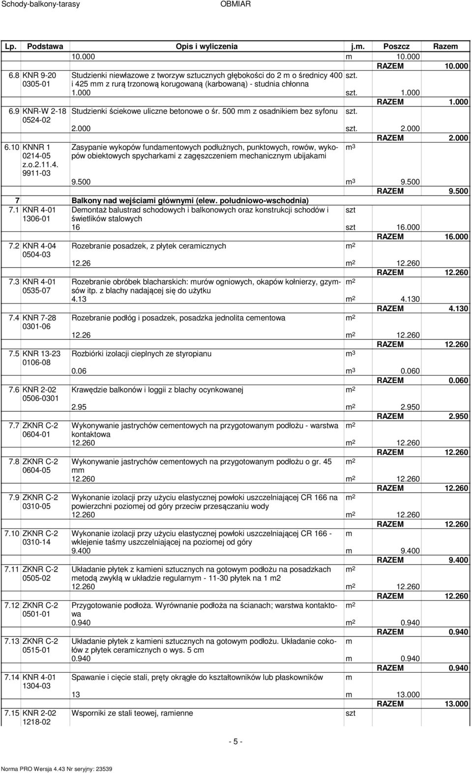 000 Zasypanie wykopów fundaentowych podłużnych, punktowych, rowów, wykopów obiektowych spycharkai z zagęszczenie echaniczny 3 ubijakai 9.500 3 9.500 RAZEM 9.500 7 Balkony nad wejściai głównyi (elew.