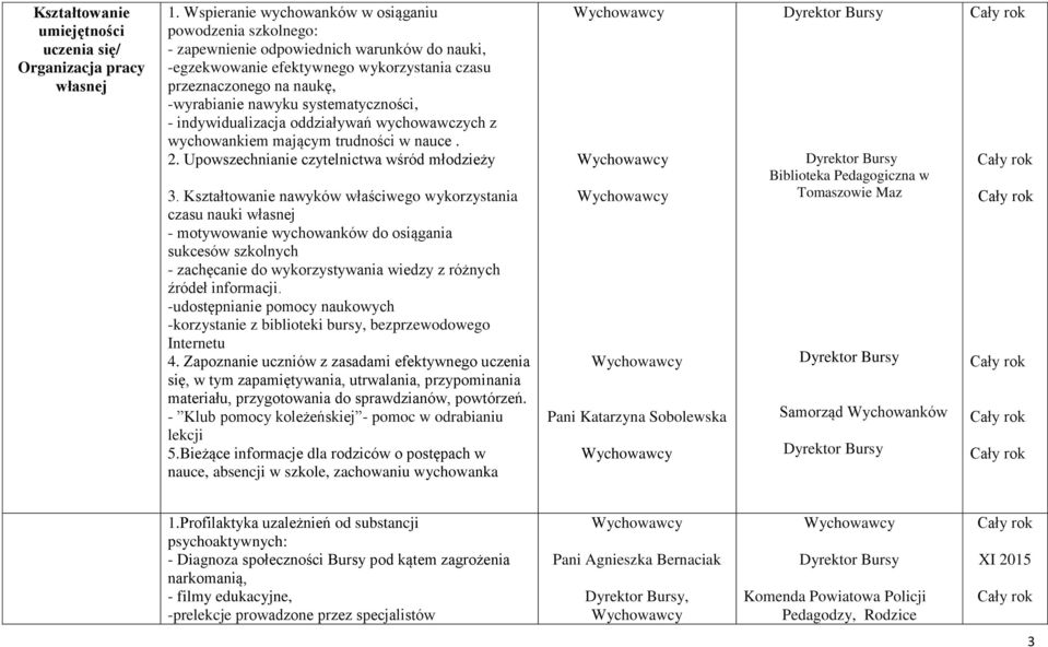 systematyczności, - indywidualizacja oddziaływań wychowawczych z wychowankiem mającym trudności w nauce. 2. Upowszechnianie czytelnictwa wśród młodzieży 3.